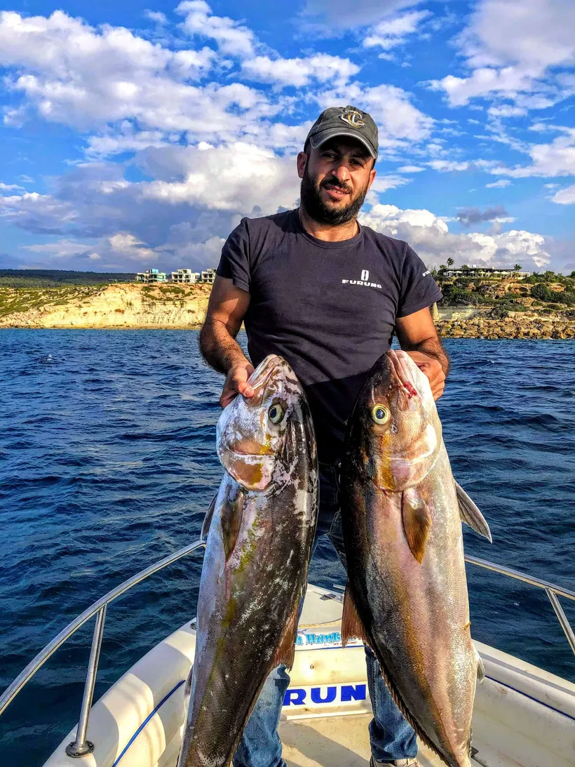 Angler on the bow of a boat holding two large fish, coastline behind