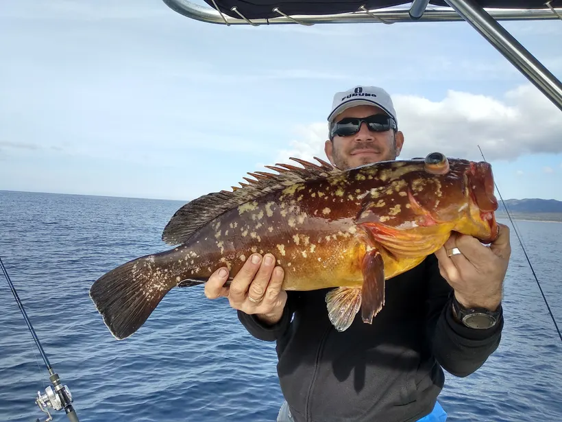 An angler on a boat holding up a grouper, open sea behind