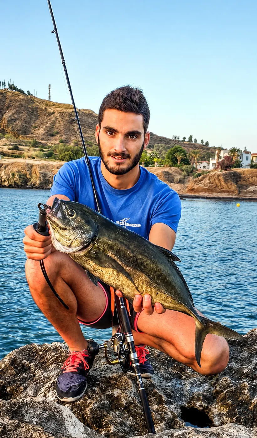 Action Team angler crouching on the rocks with a fish and his rod