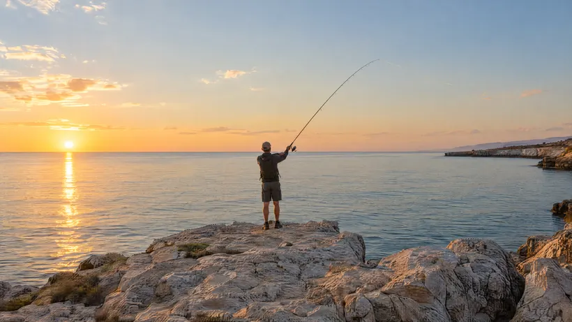 A shore angler casting from limestone rocks into a calm sea at sunrise