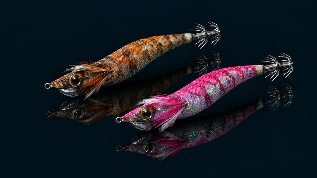 Two cloth wrapped squid jigs with needle crowns, studio photograph