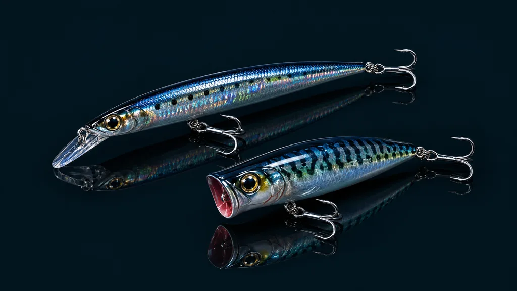 A minnow jerkbait and a popper with treble hooks, studio photograph