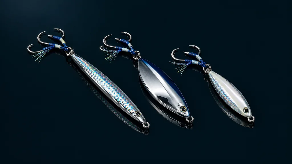 Three metal jigs, knife, slow pitch and casting, with assist hooks, studio photograph