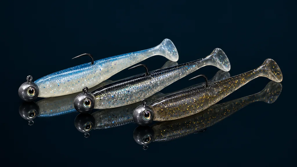 Three paddle tail soft shads on jig heads, studio photograph