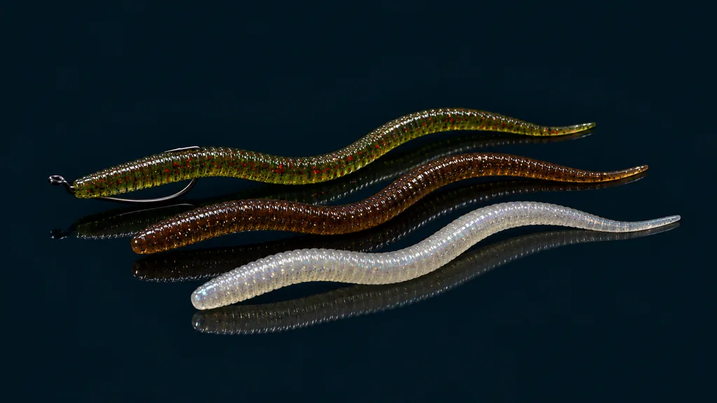 Three soft plastic worms in green, brown and pearl, studio photograph