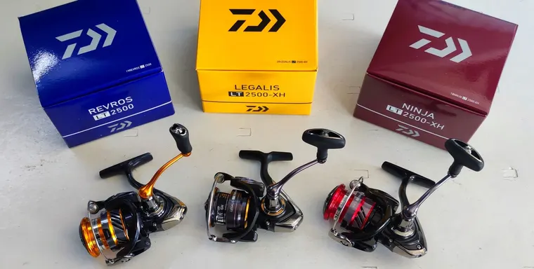 Daiwa Revros, Legalis and Ninja spinning reels with their boxes