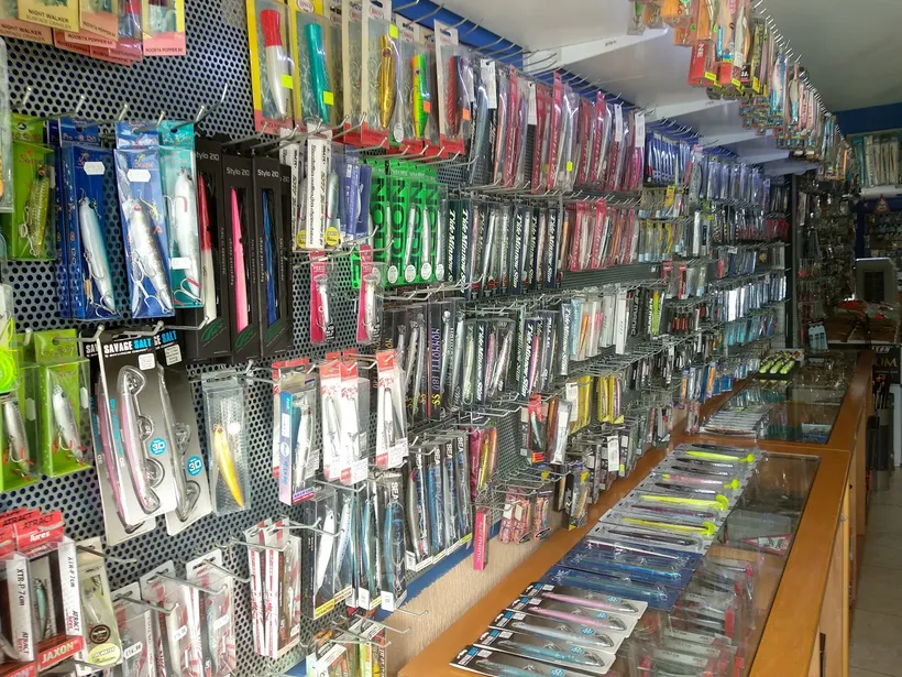 Shop aisle lined with terminal tackle on hooks