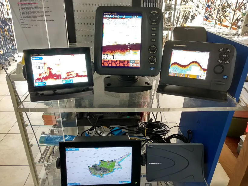 Fish finders and chart plotters switched on in a display