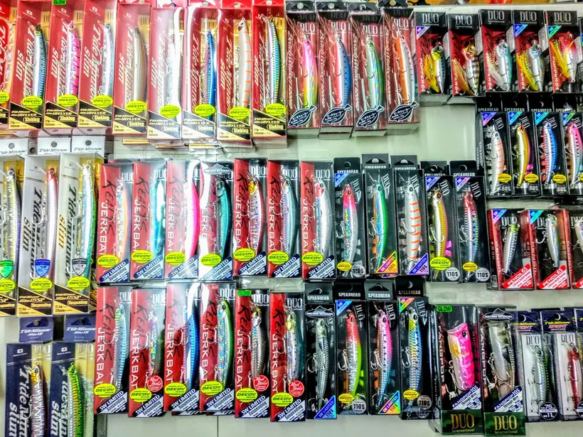Wall of hard lures and minnows in their packs